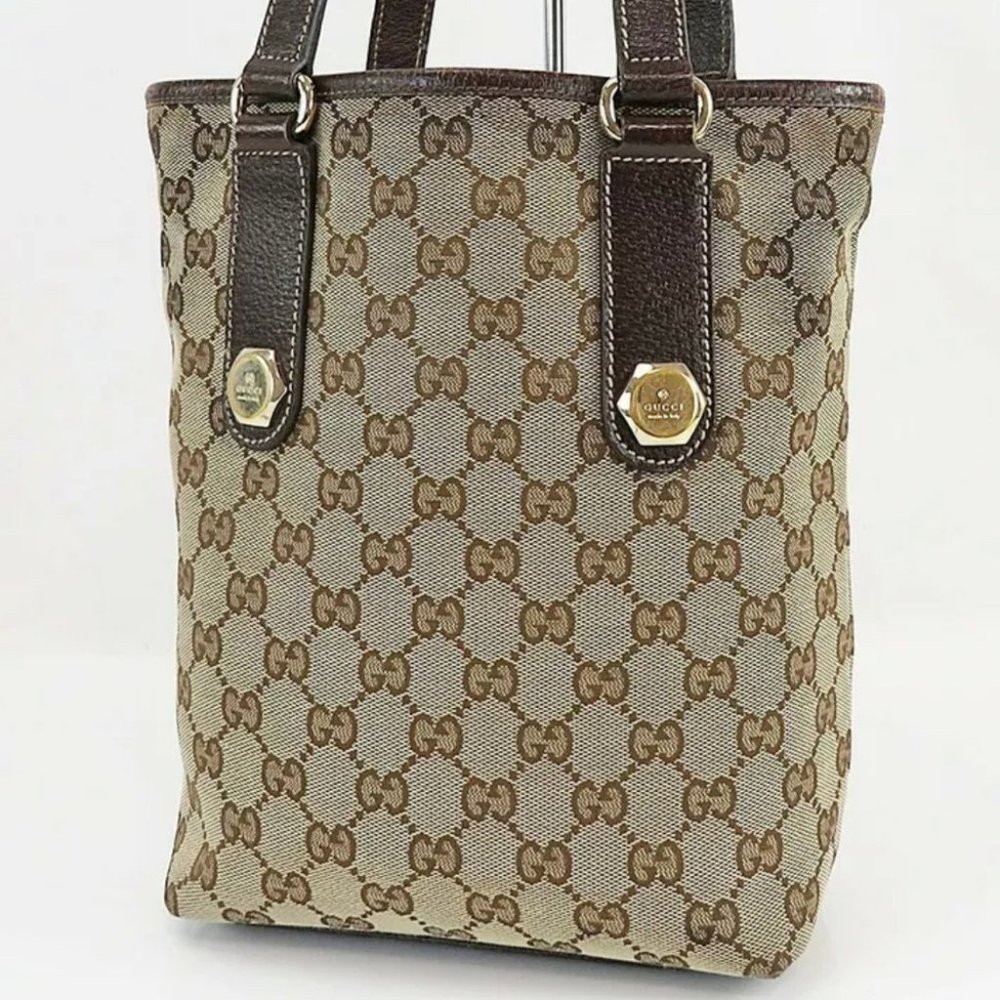 Auth GUCCI Brown GG Canvas and Brown Leather Tote Shoulder B…